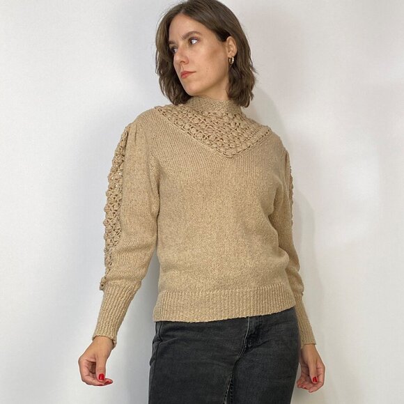 Vintage Light brown 1980s Victorian Style BUBBLE Knit High Neck Sweater! Medium - Picture 3 of 7